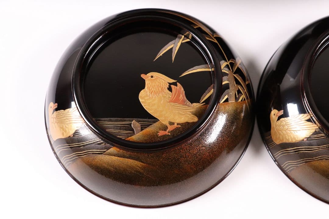 CL85 能登輪島塗 鴛鴦金蒔絵 見返梅 黒塗椀 二客 天然木 梨地 研出 花鳥