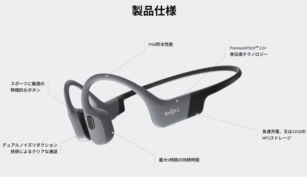 新品未開封SHOZK防水骨伝導イヤホン OPENSWIM PROグレー