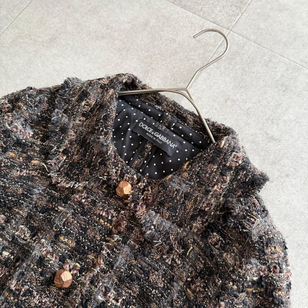 ドルチェ&ガッバーナ　ツイードジャケット　金ボタン　裏地ドット　丸襟　42