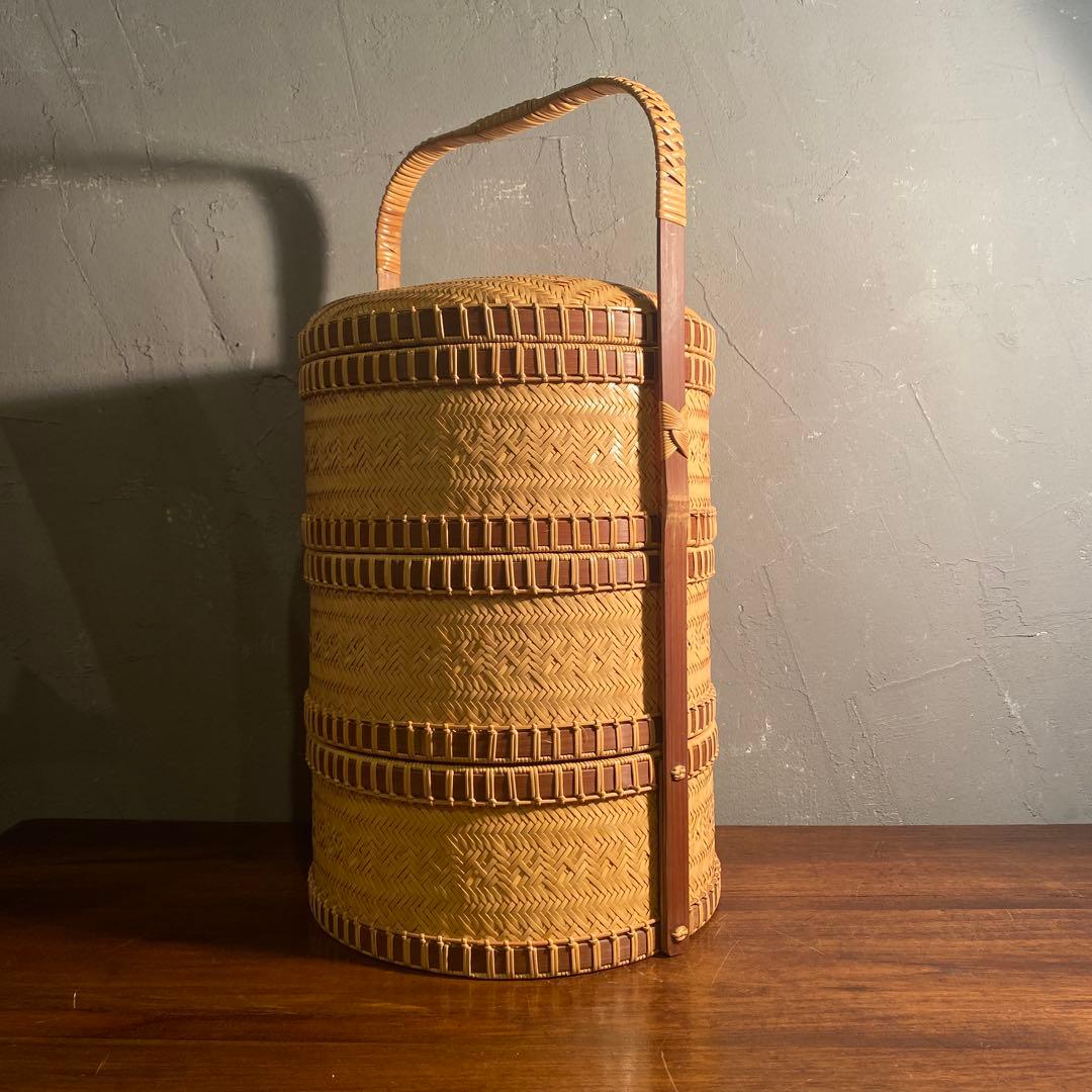 時代物 竹製 三段弁当箱 ランチボックス 手編み 美品 稀少 ピクニック