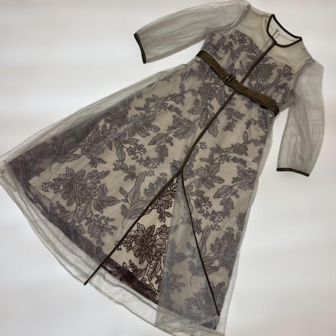 ほぼ新品❤️ Leja チュールパイピングリーフベルト付きAラインワンピース S