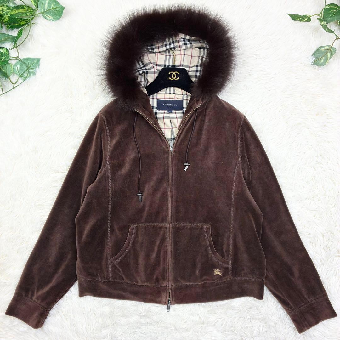 バーバリーロンドン　ベロア　ジップアップパーカー　ノバチェック　XL　ブラウン