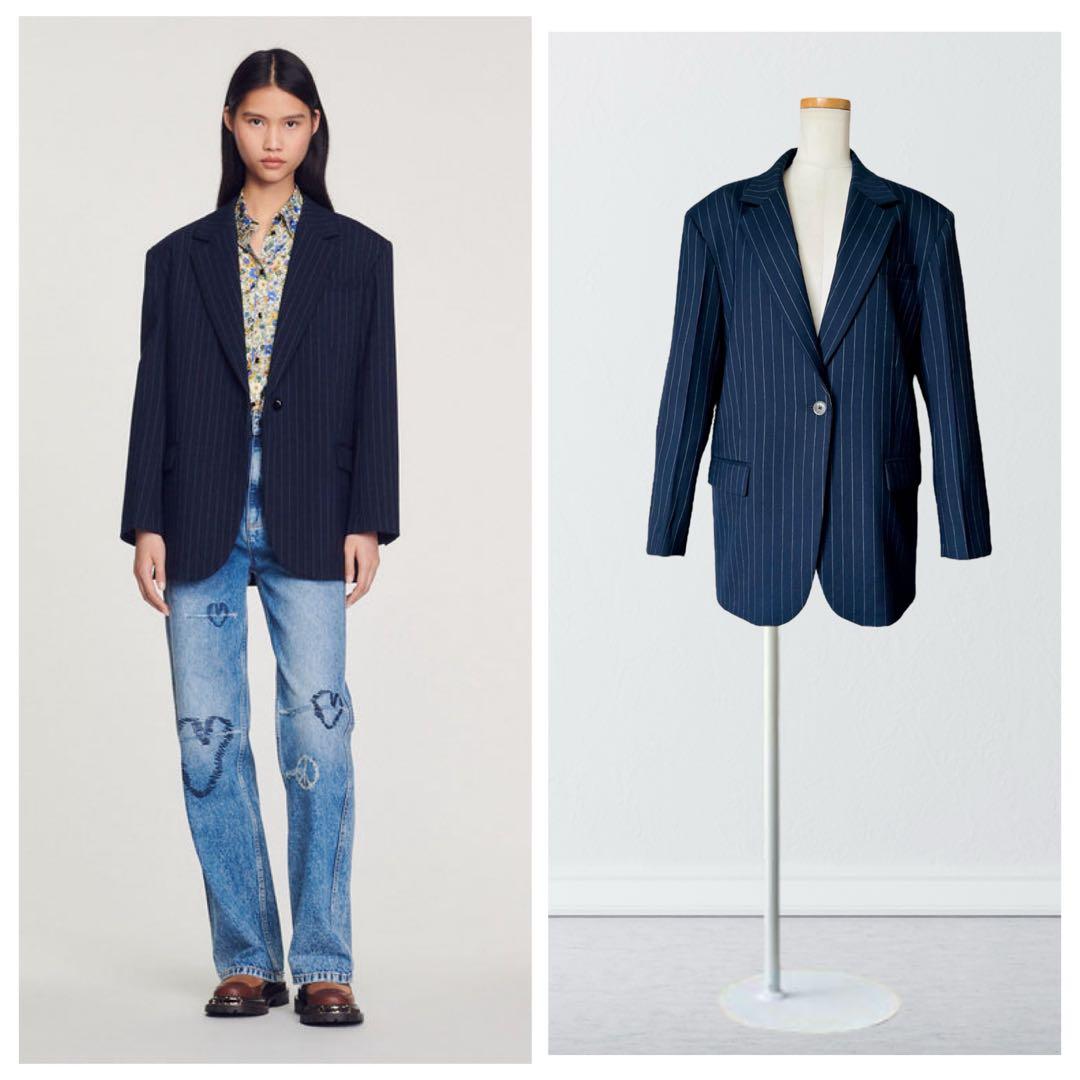 SANDRO サンドロ ネイビー ジャケット 36 紺 ピンストライプ