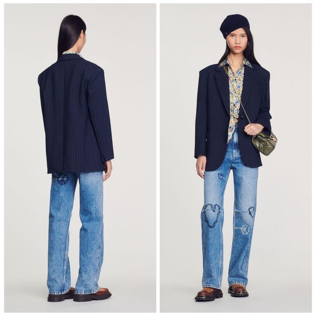 SANDRO サンドロ ネイビー ジャケット 36 紺 ピンストライプ