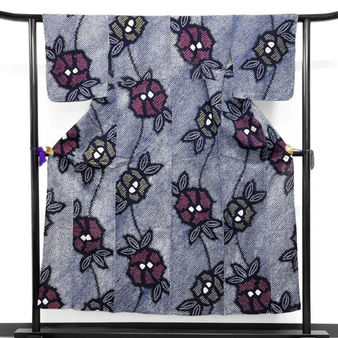 浴衣　有松鳴海絞り　花模様　流線　黄色　ピンク　着物　065w d