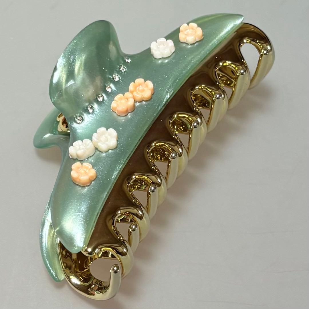 acca ヘアクリップ　フラワーラインストーングリーン 大