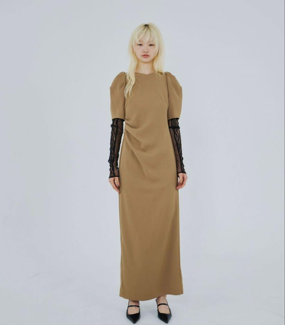 ANDRESD レースアームドレープドレス　ベージュ