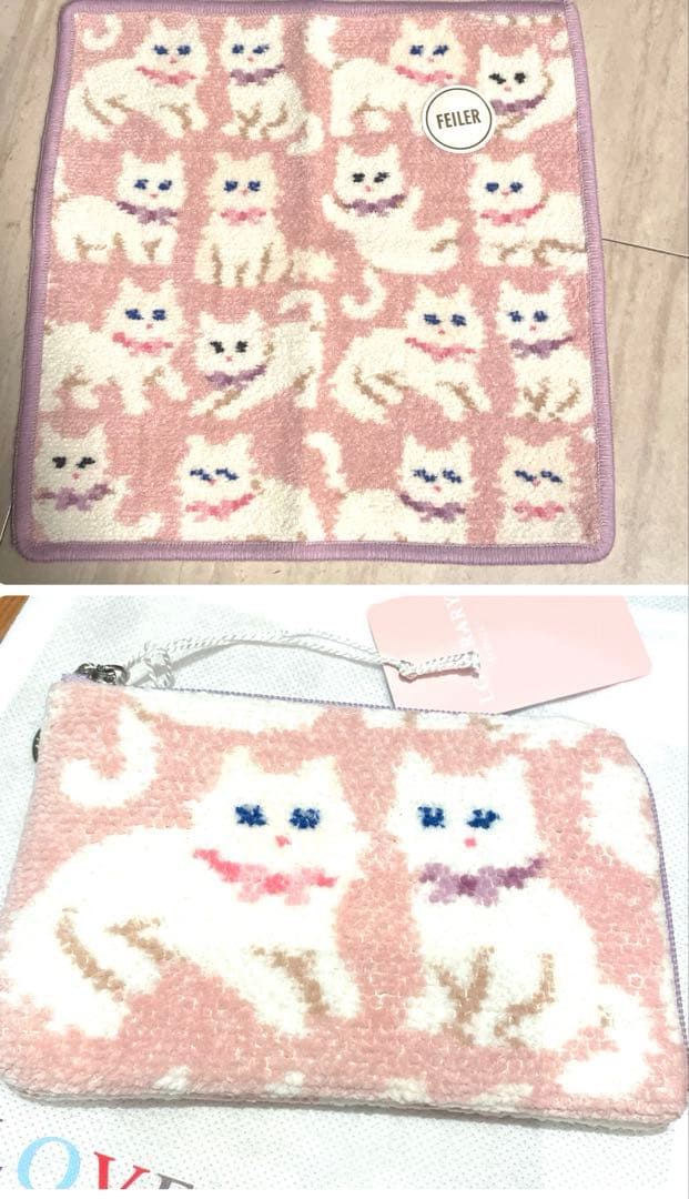 新品　FEILER 猫柄　フェイラー　ピンク　モフモフネコチャン　ハンカチポーチ
