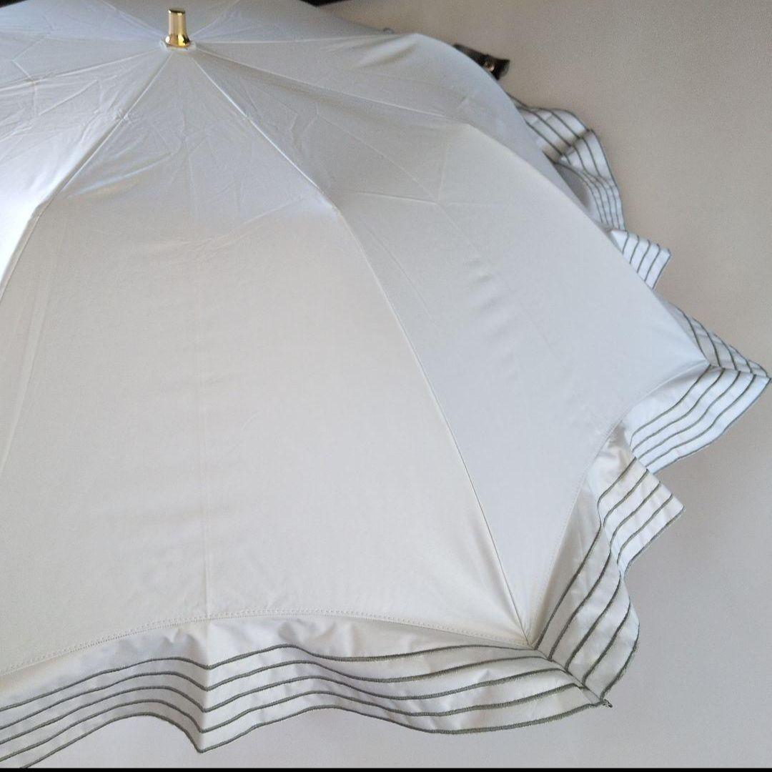 ビューランス　白×グリーンストライプ　フリル　折りたたみ晴雨兼用傘