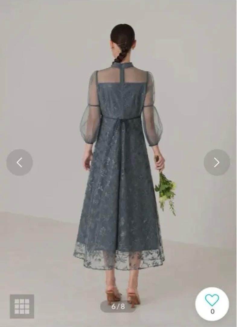 【Leja】花柄刺繍ミディ丈ドレスブルー