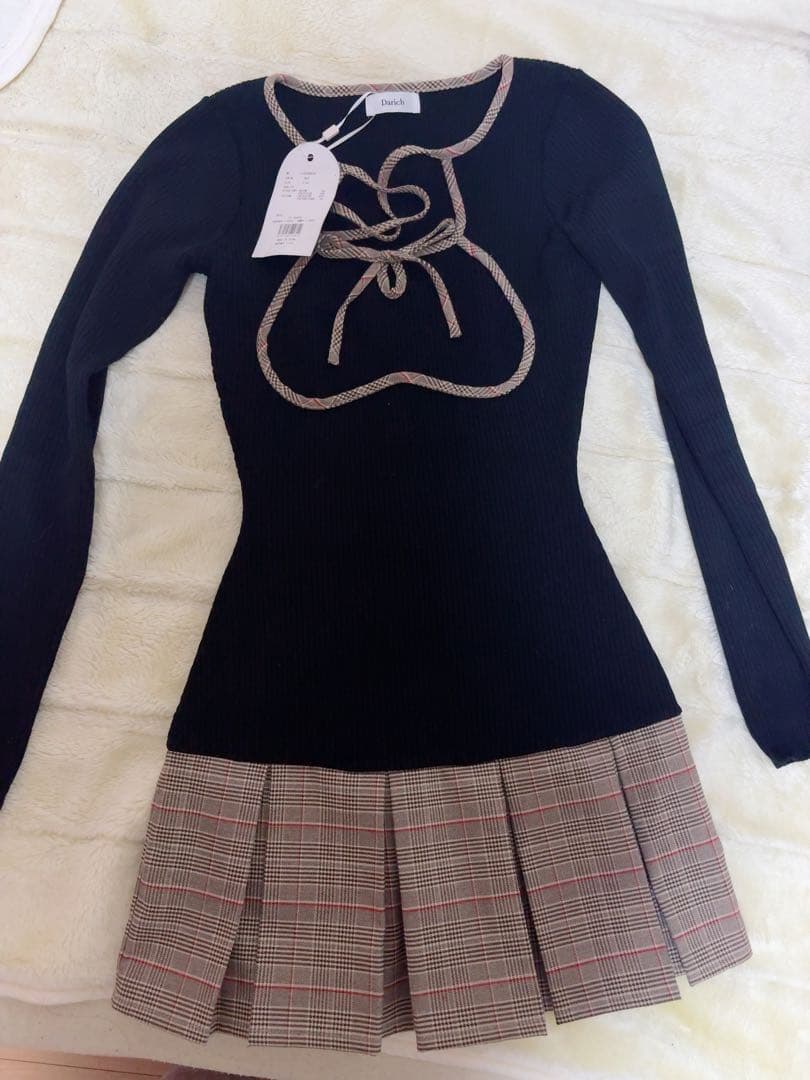 ポイントチェックニットミニワンピース