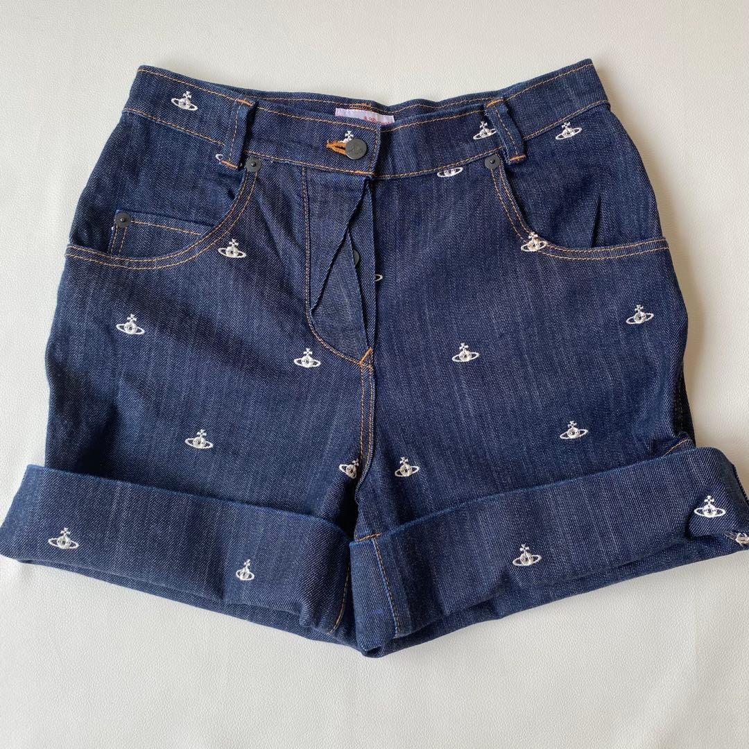 【美品】ヴィヴィアンウエストウッド　ハーフパンツ　オーブ刺繍　オーブ総柄　デニム