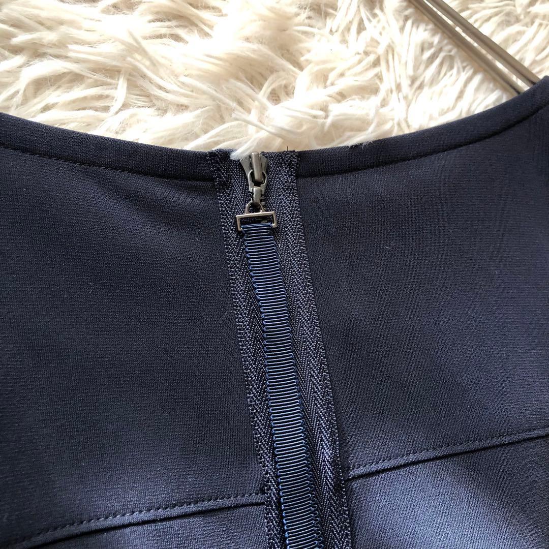 極美品✨レリアン【13+】七分袖サイドプリーツロングワンピース 近年ロゴ　紺