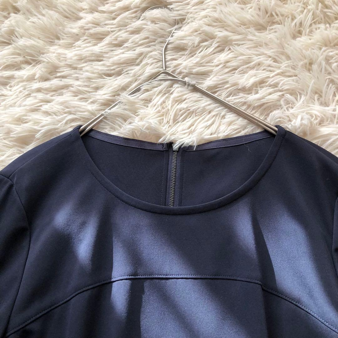 極美品✨レリアン【13+】七分袖サイドプリーツロングワンピース 近年ロゴ　紺