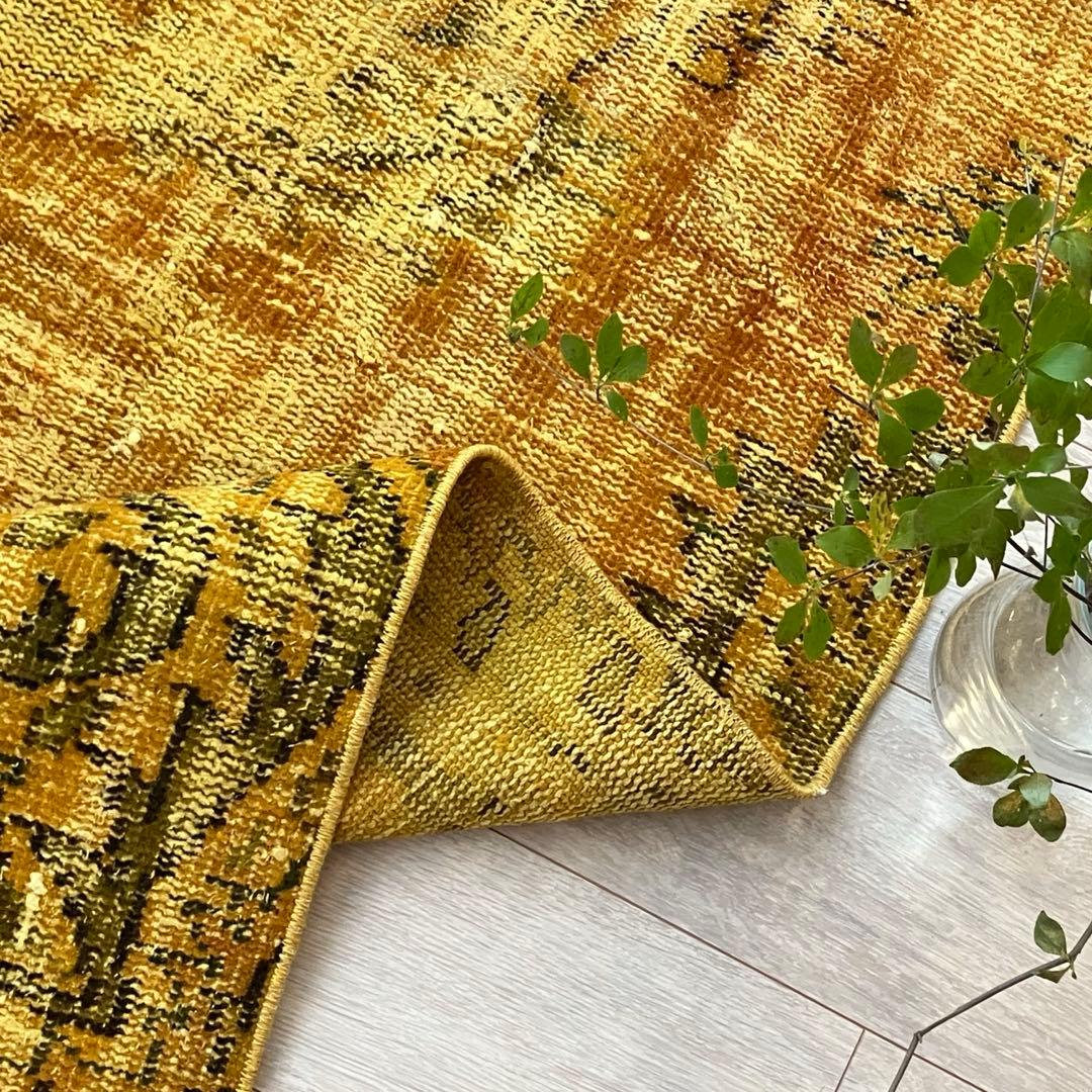 超ロング/オーバーダイ　幸福イエロー　グリーン　ランナー　トルコヴィンテージラグ