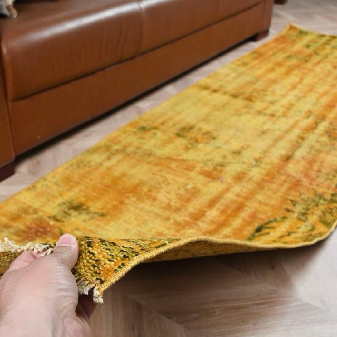 超ロング/オーバーダイ　幸福イエロー　グリーン　ランナー　トルコヴィンテージラグ