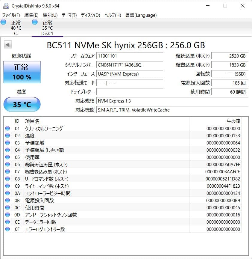 ①★中古品★SK hynix BC511 NVMe 256GB SSD
