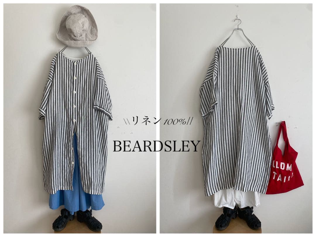 ほぼ未使用　BEARDSLEY｜ビアズリー ストライプ柄リネン前後ワンピース