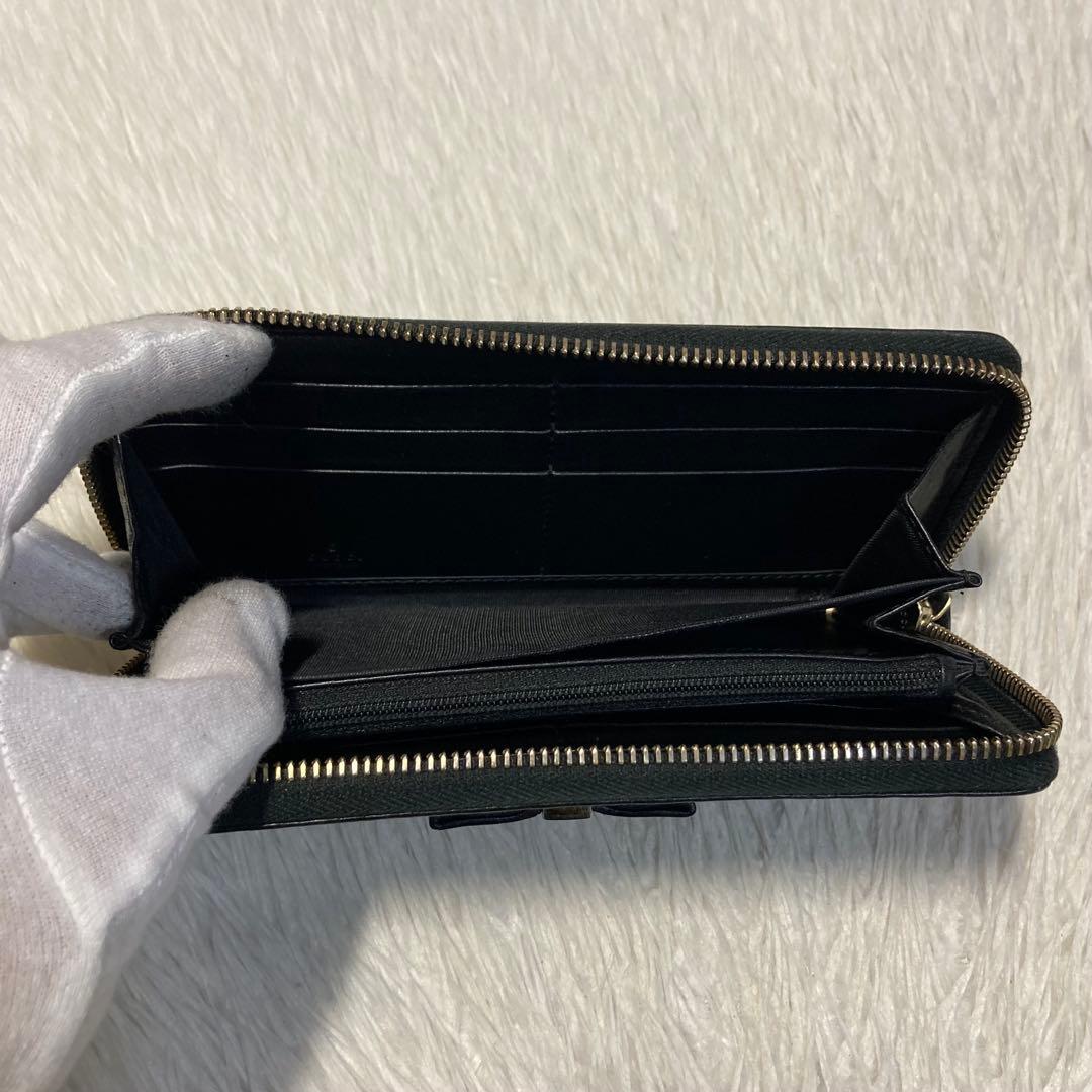 最終価格　美品　GUCCI グッチ　長財布　ラウンド　シマレザー　リボン　黒