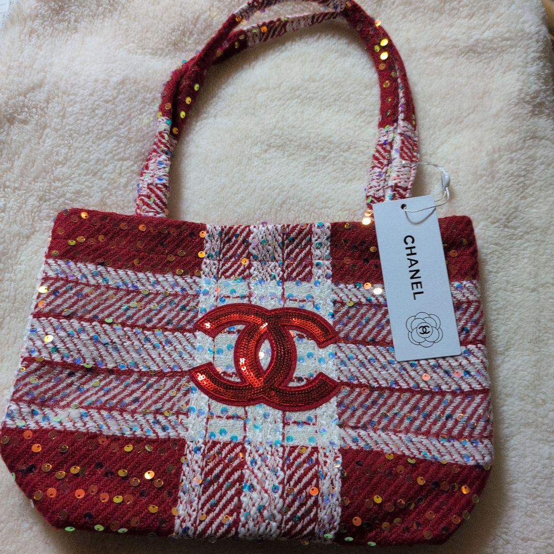 CHANELシャネル ココマークツイードスパンコール トートバッグ レッド