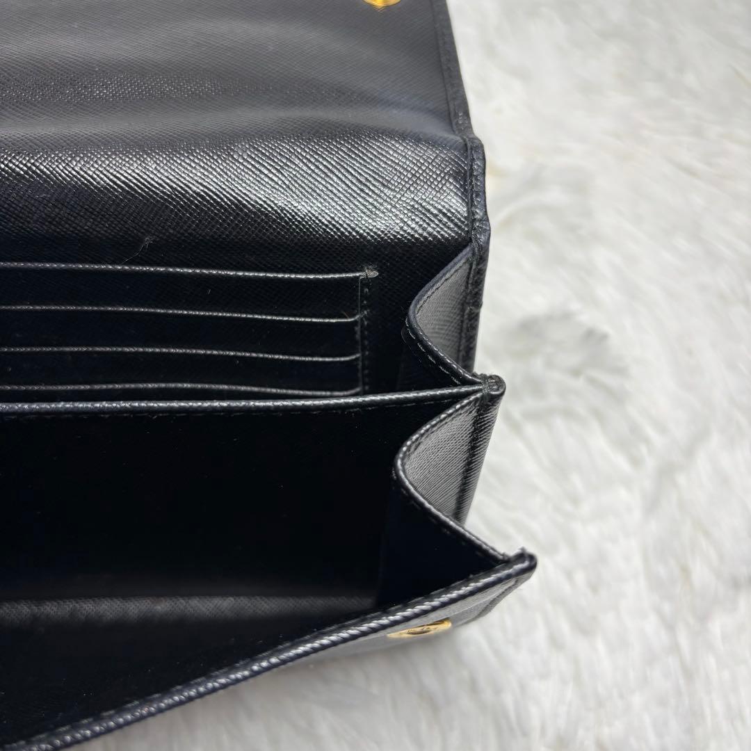 ✨美品✨ プラダ ロングウォレット 金ロゴ ポーチ クラッチバック レザー 黒
