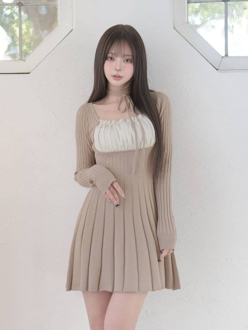 ダーリッチ パフスリーブリボンフレアニットミニワンピース ベージュ