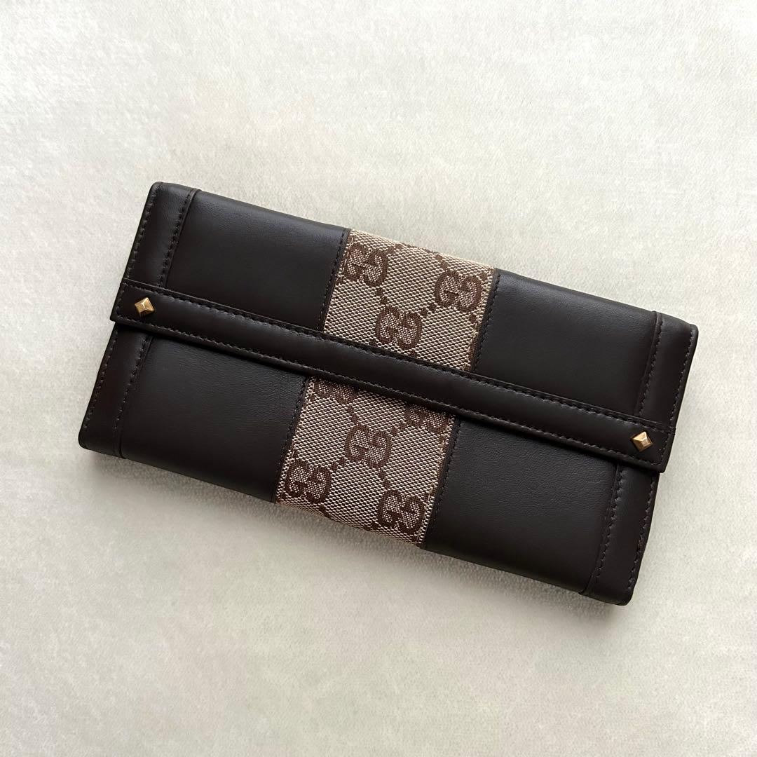 美品 GUCCI グッチ 長財布 レザー GGキャンバス ブラウン