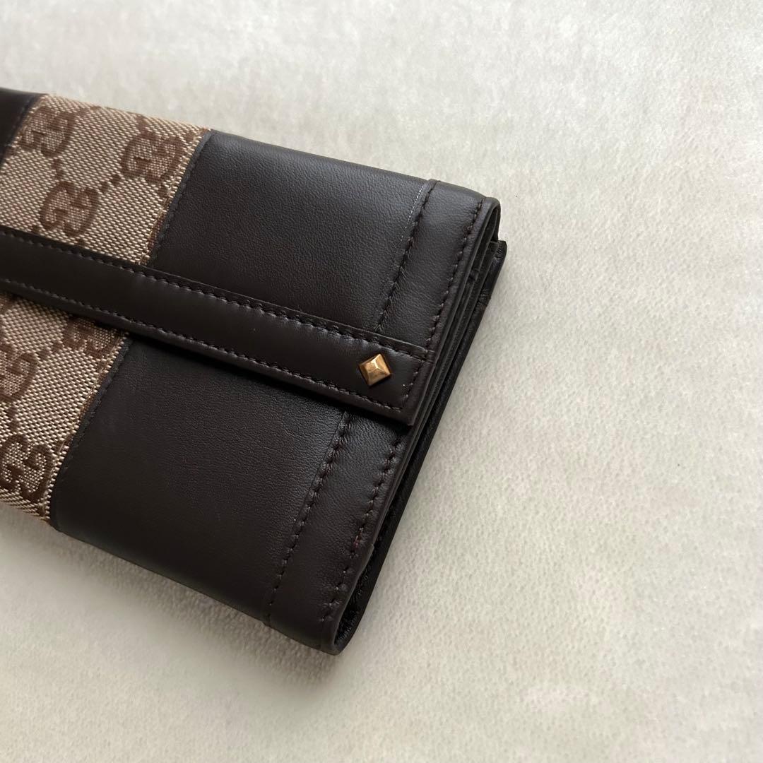 美品 GUCCI グッチ 長財布 レザー GGキャンバス ブラウン