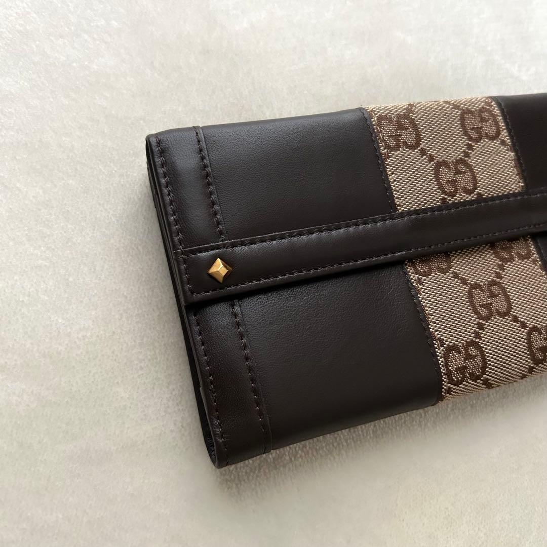 美品 GUCCI グッチ 長財布 レザー GGキャンバス ブラウン