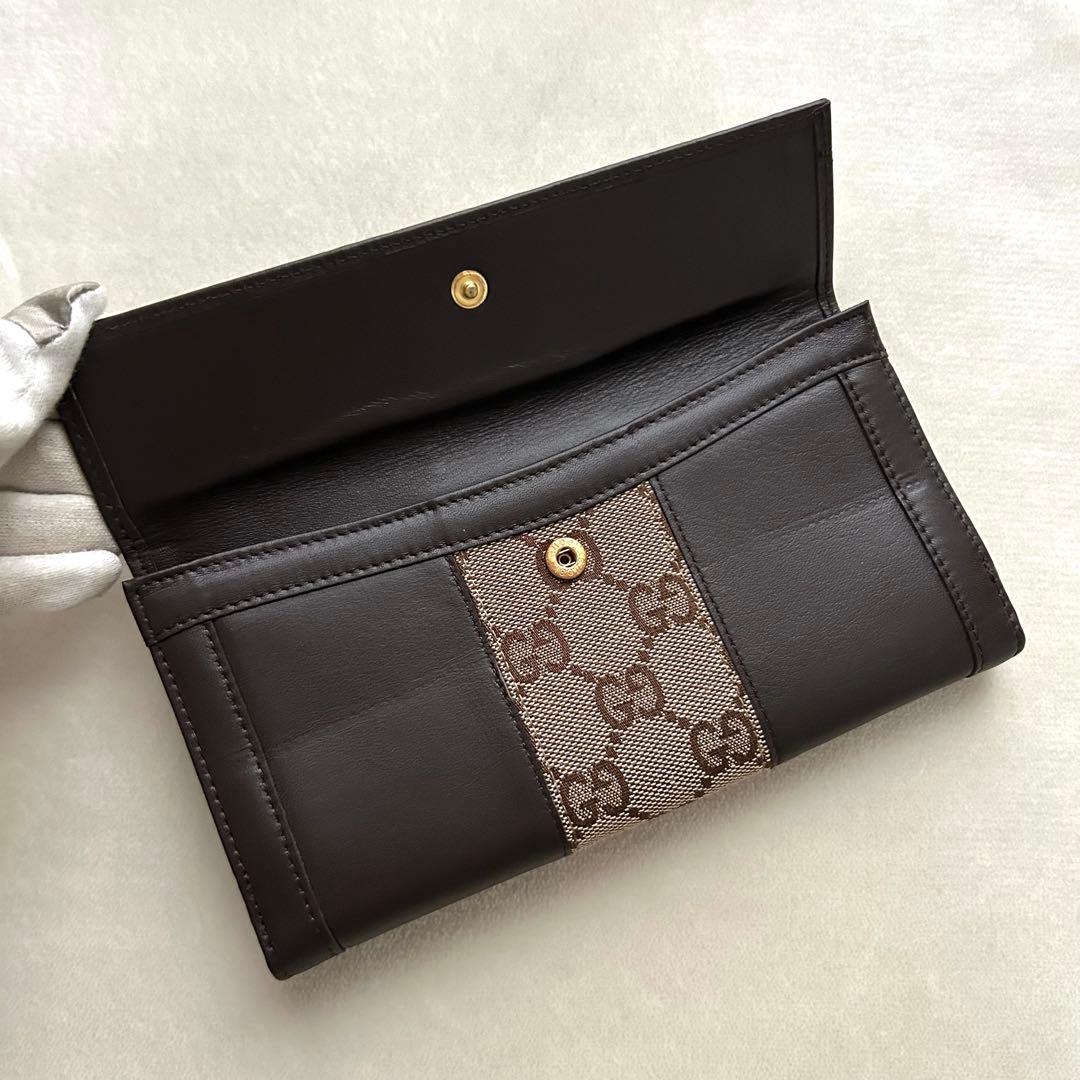 美品 GUCCI グッチ 長財布 レザー GGキャンバス ブラウン
