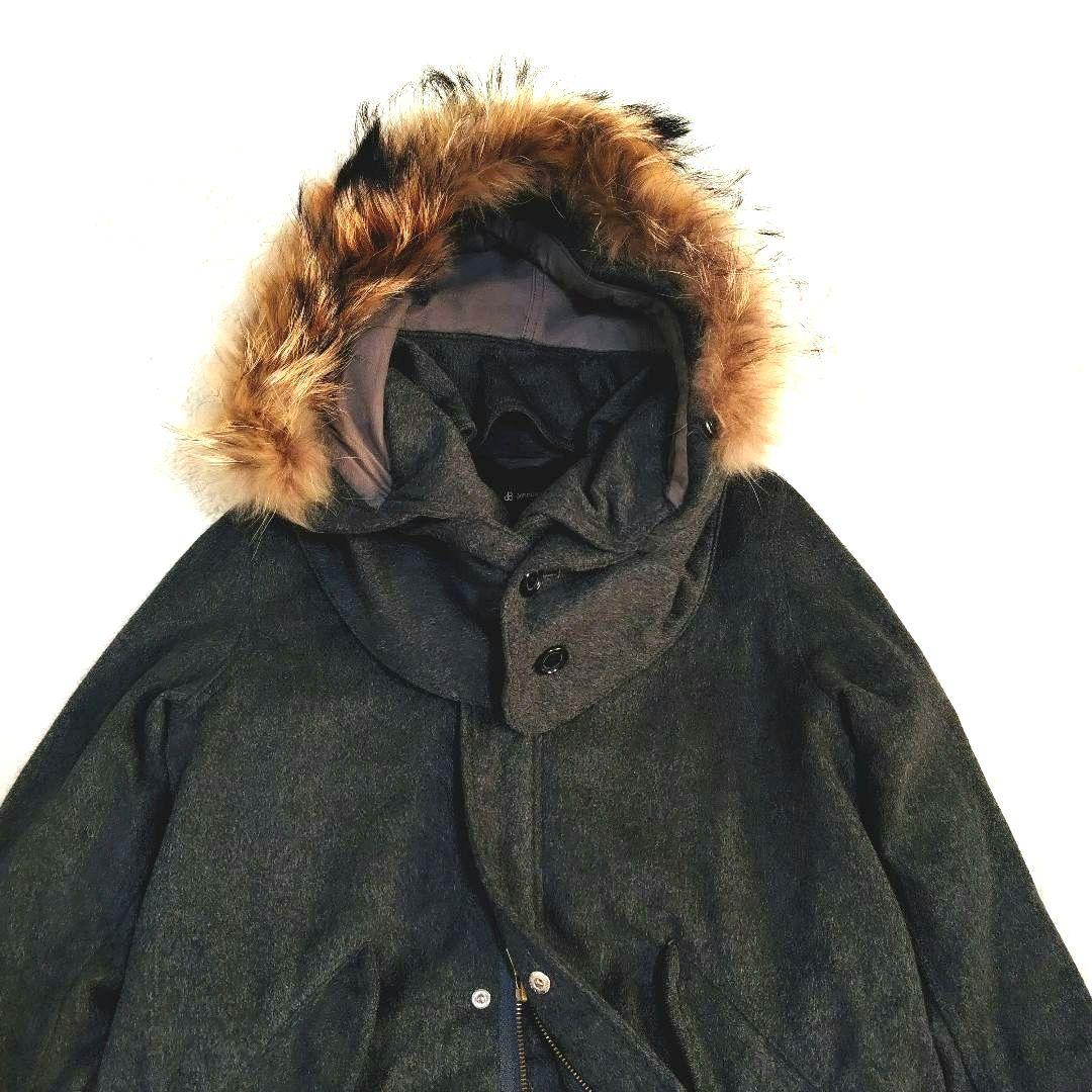 ジョンブル カシミヤ混 ウール モッズコート ラクーンファー グレー フード着脱