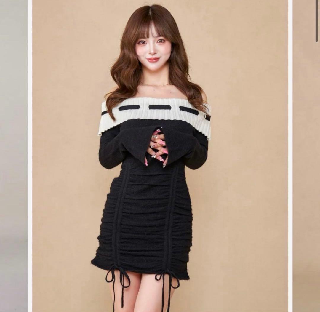Darich ダーリッチ オフショルステッチニットミニワンピース BLK フリー