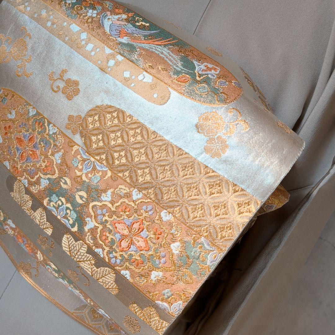 訪問着　フルセット　着物　正絹　加賀友禅　虫食い　淡いベージュ　枝葉　落款O2