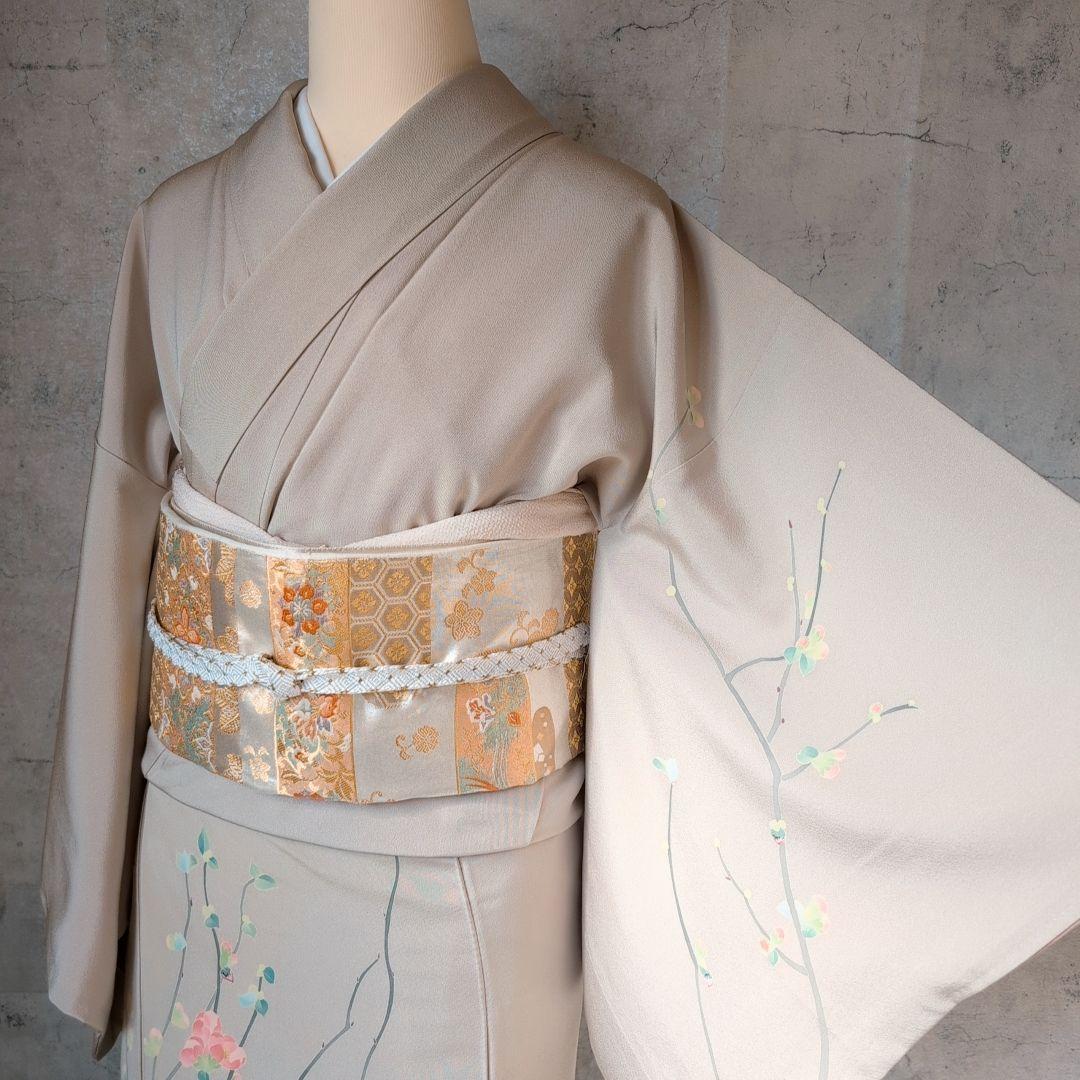 訪問着　フルセット　着物　正絹　加賀友禅　虫食い　淡いベージュ　枝葉　落款O2