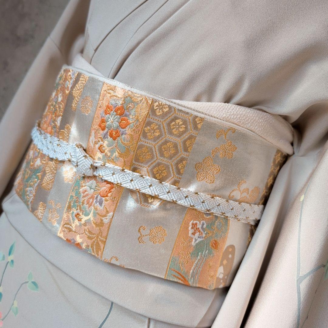 訪問着　フルセット　着物　正絹　加賀友禅　虫食い　淡いベージュ　枝葉　落款O2