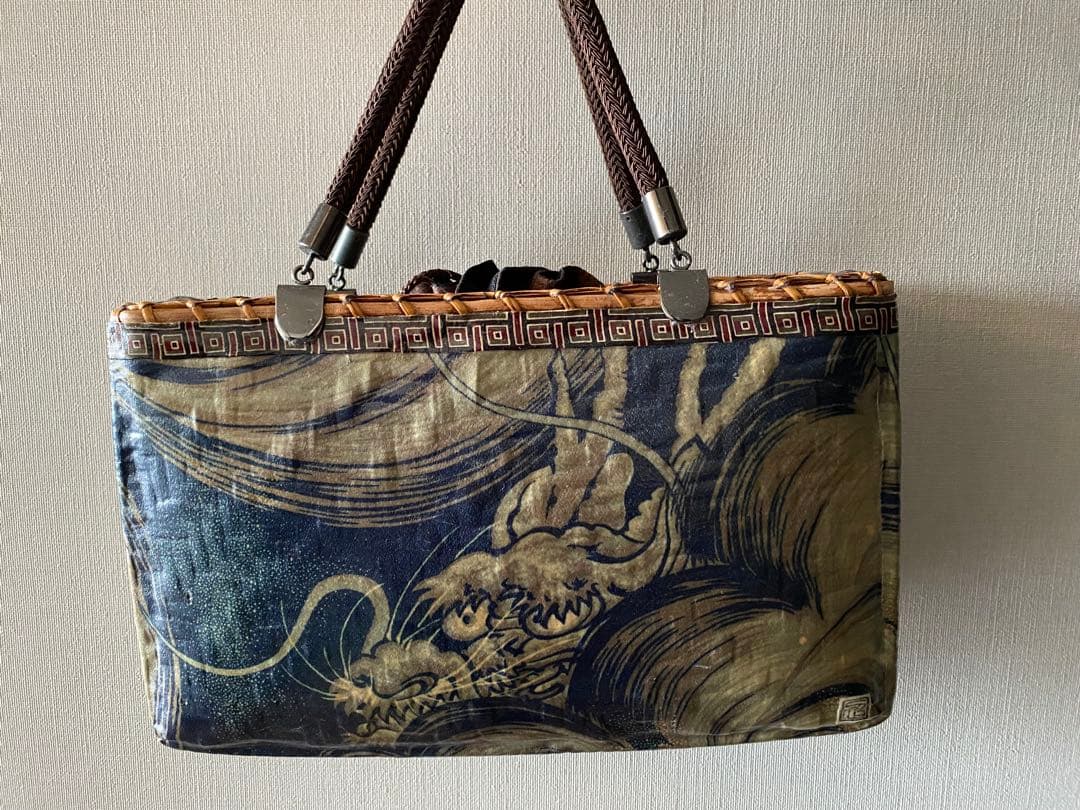 【新品】一閑張り　獅子×龍神　かごバッグ　一貫張　着物用バッグ