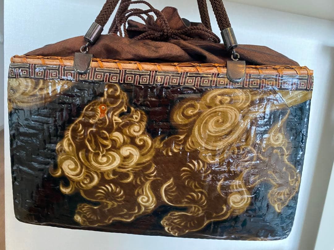 【新品】一閑張り　獅子×龍神　かごバッグ　一貫張　着物用バッグ