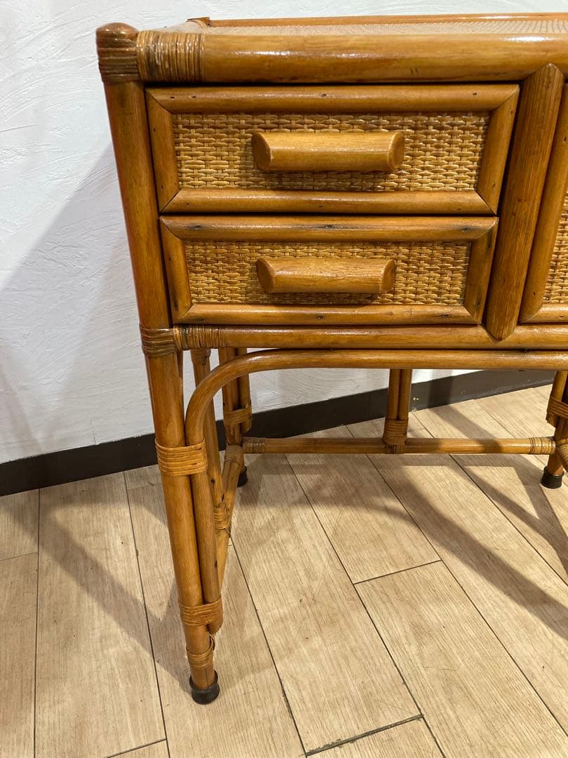 ラタン製　ドレッサー　机　椅子セット　昭和レトロ　ビンテージ