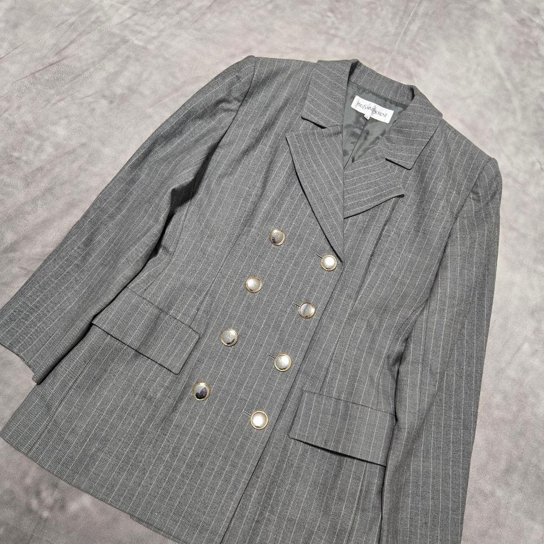 イヴサンローラン ダブル テーラードジャケット グレー ストライプ M