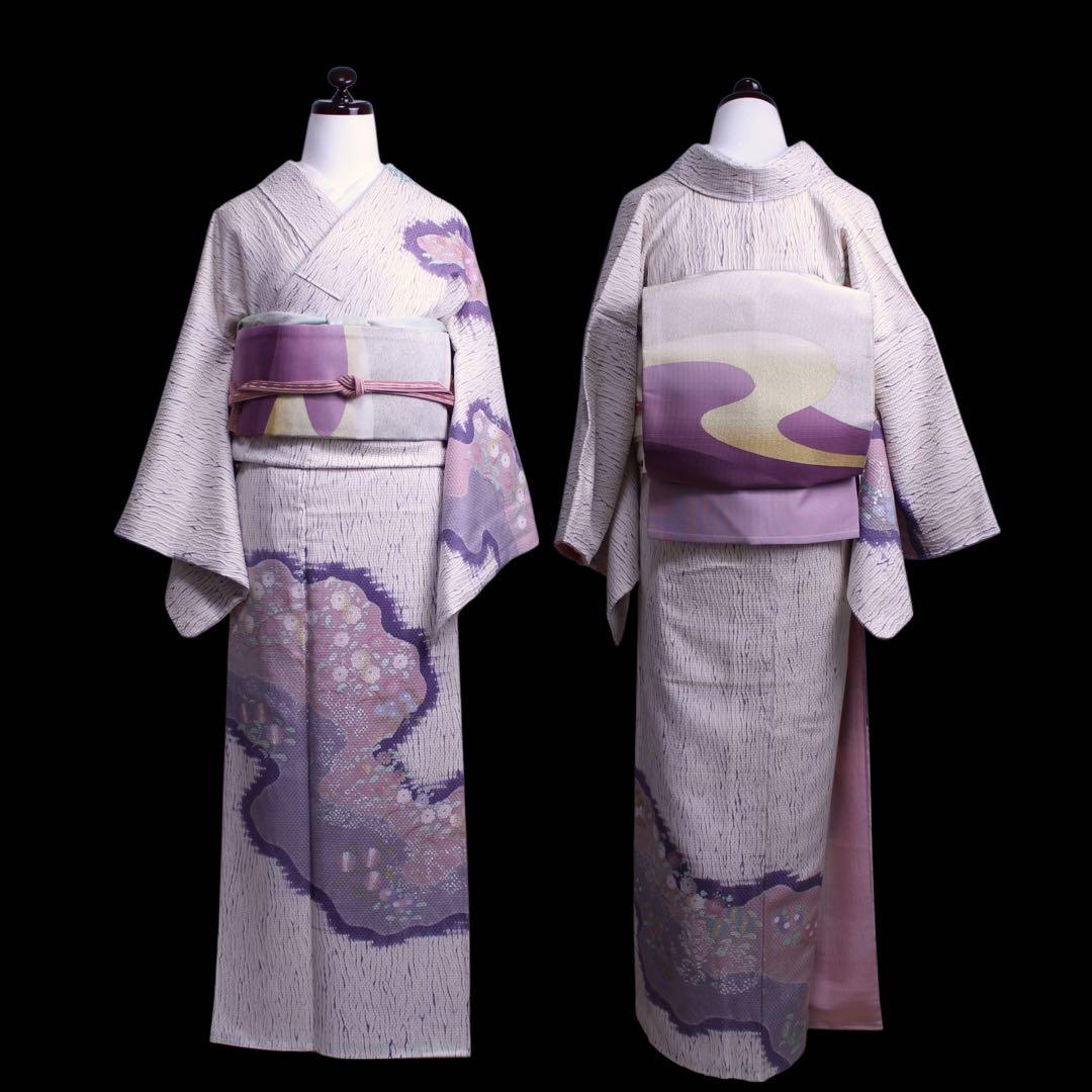 美品　板締め絞り菊模様訪問着/裄65 白　紫　ピンク　d14