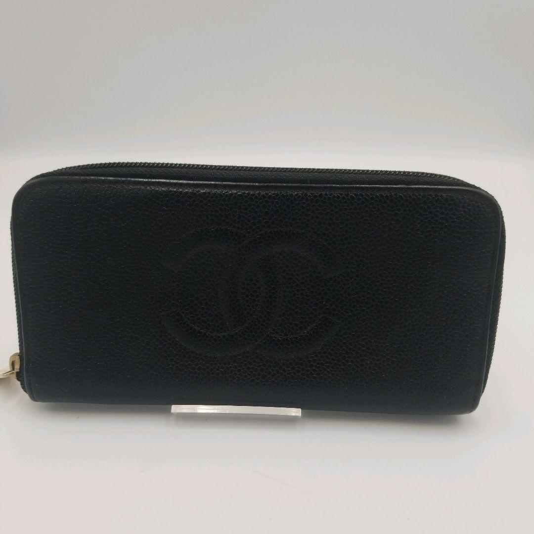 【美品】CHANEL シャネル キャビアスキン レザー ラウンド長財布　ココ