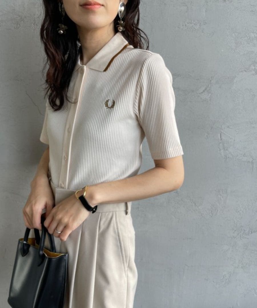 フレッドペリー リブ編みポロニット半袖 クリーム色