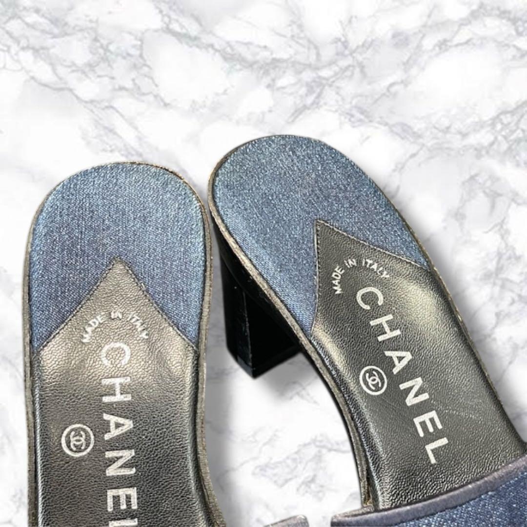 美品 シャネル ミュール サンダル デニム レザー ブルー 36 ココマーク