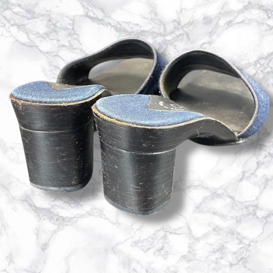 美品 シャネル ミュール サンダル デニム レザー ブルー 36 ココマーク
