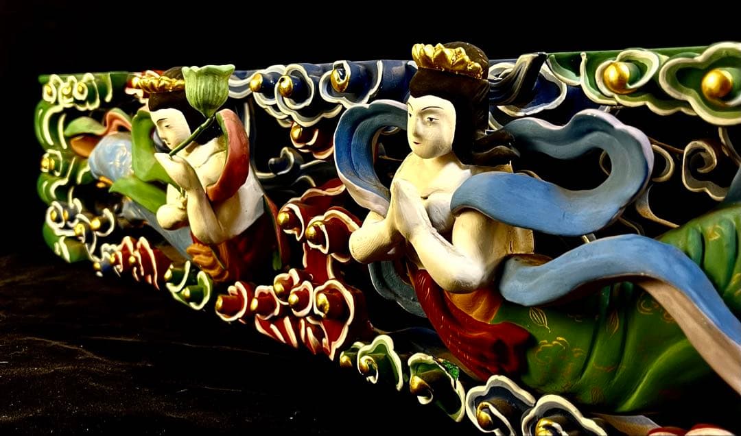 特価【欄間　天女】80ｃｍ　透かし彫り　美術的装飾　カラー　天からの守護