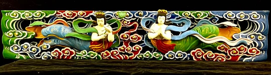 特価【欄間　天女】80ｃｍ　透かし彫り　美術的装飾　カラー　天からの守護