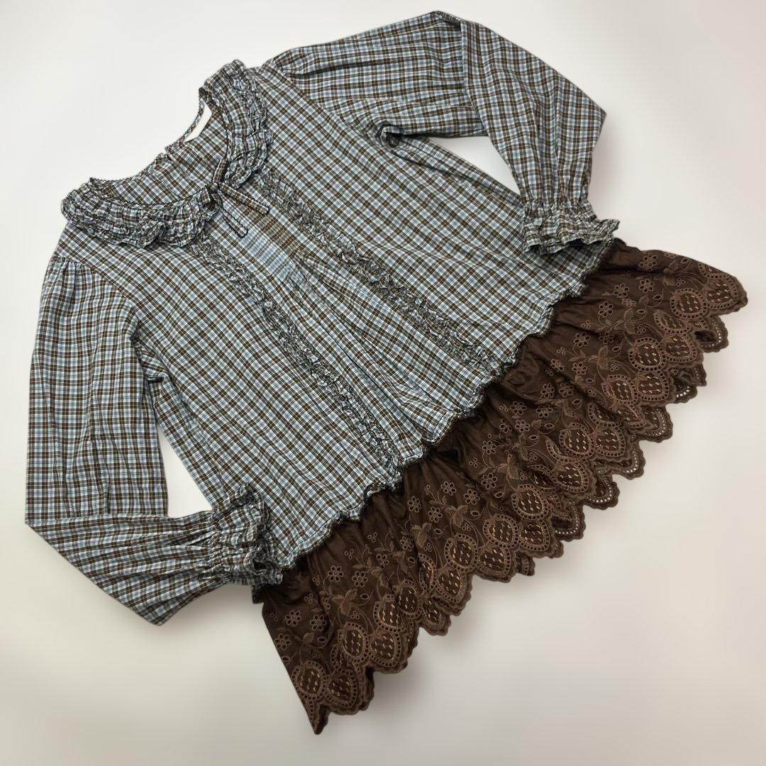 【試着のみ】ピンクハウス 水色系チェック いちごレース チュニックブラウス