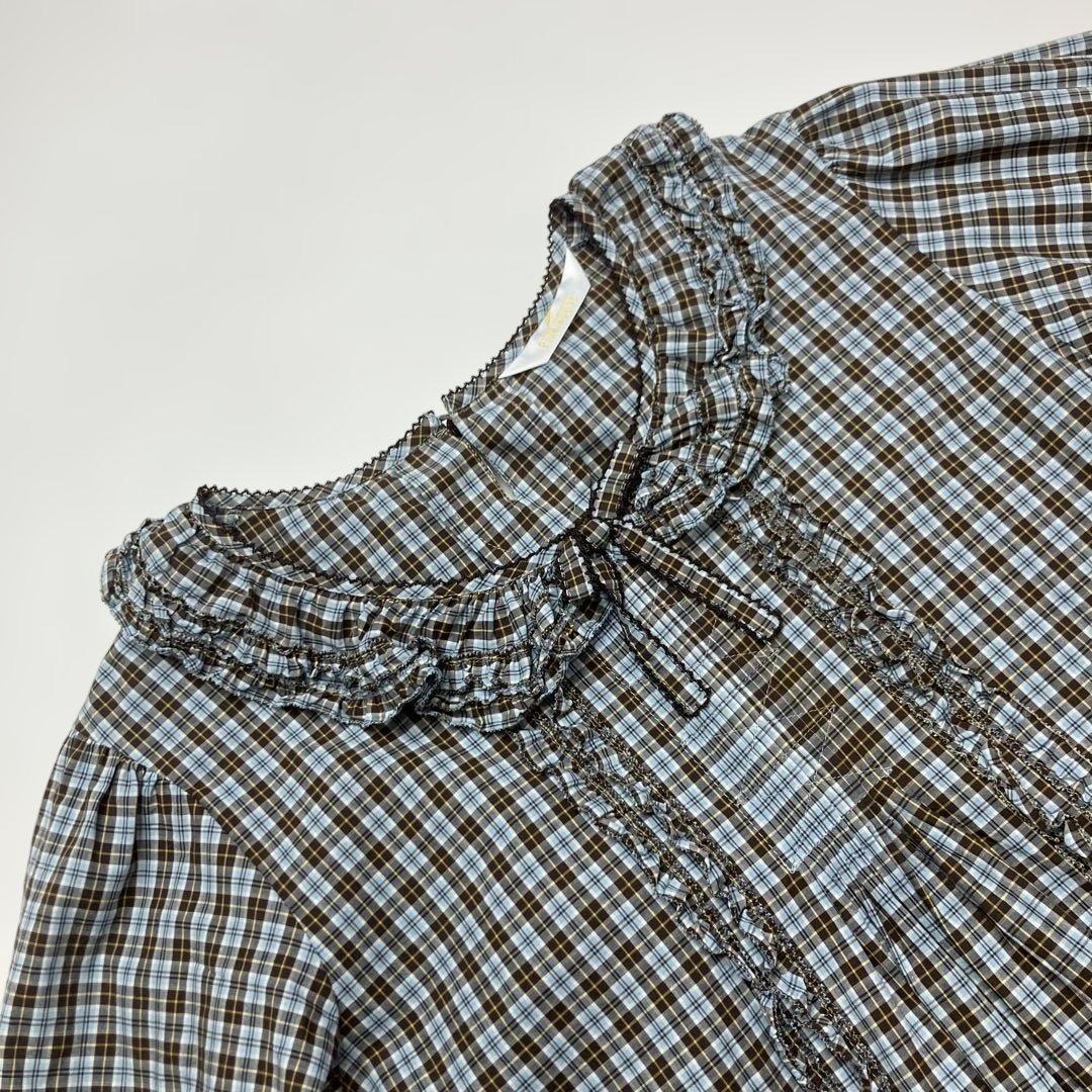 【試着のみ】ピンクハウス 水色系チェック いちごレース チュニックブラウス