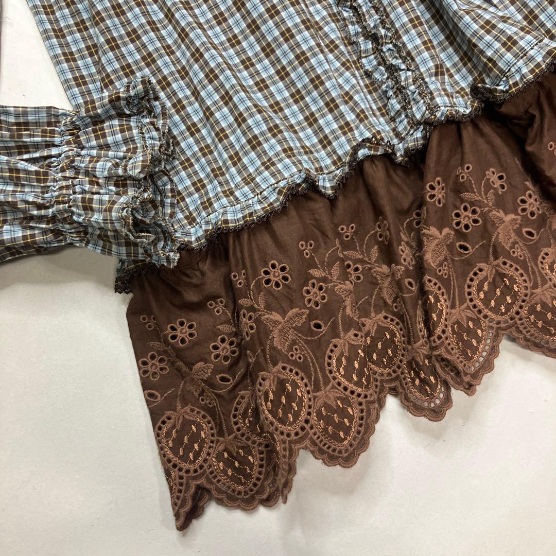 【試着のみ】ピンクハウス 水色系チェック いちごレース チュニックブラウス