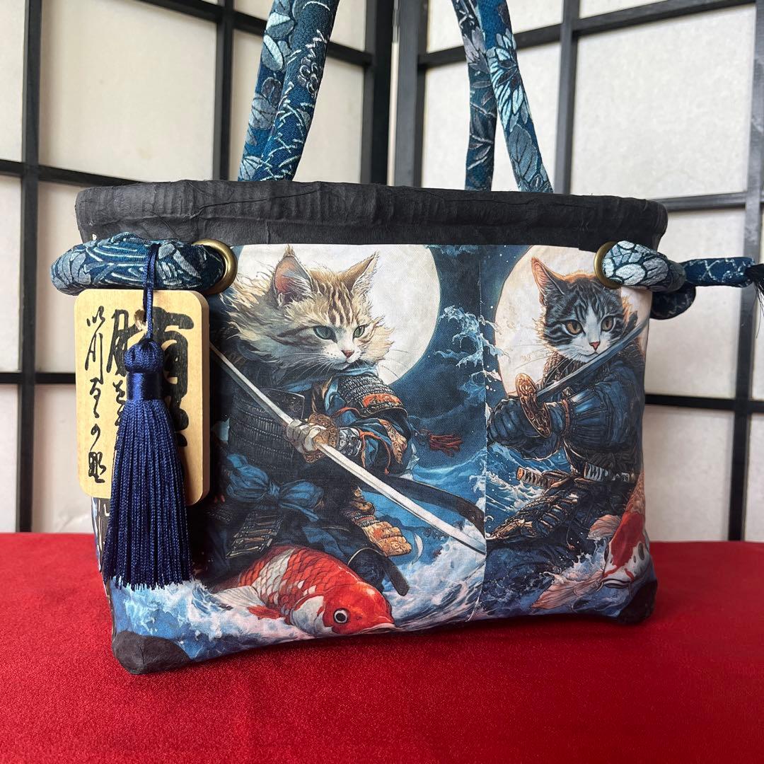 猫侍 一閑張り バッグ かごバッグ ハンドバッグ 和猫 茶トラ 中サイズ 和柄